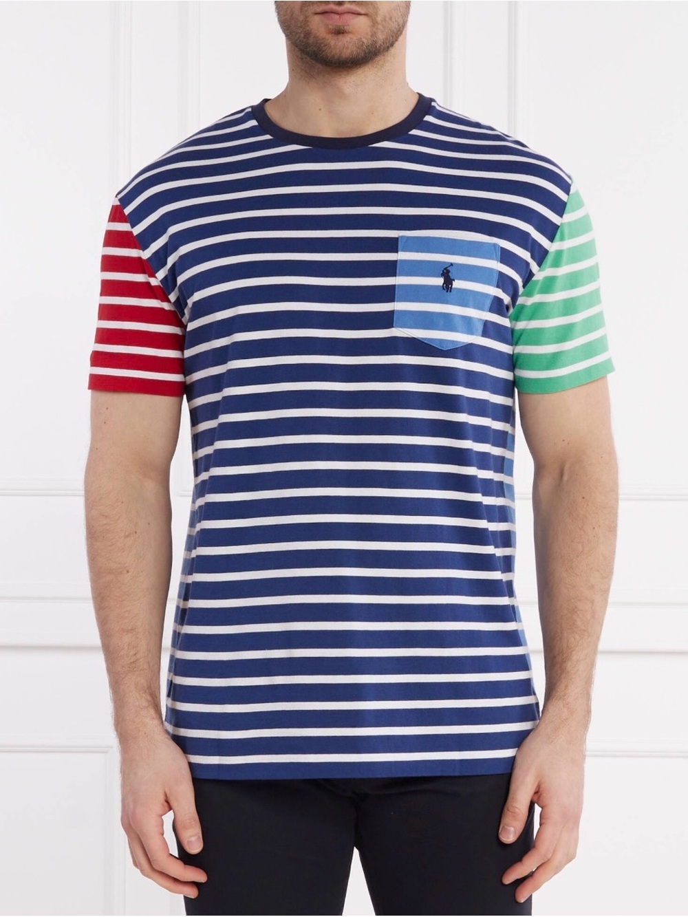 Polo Ralph Lauren Striped Crewneck Pocket Tee in Navy Red & Green Sleeves size M